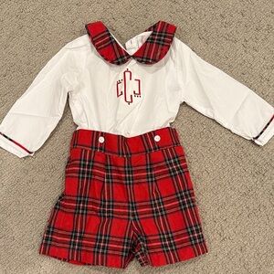 Cecil and Lou monogrammed “LCJ” Christmas button in shorts set